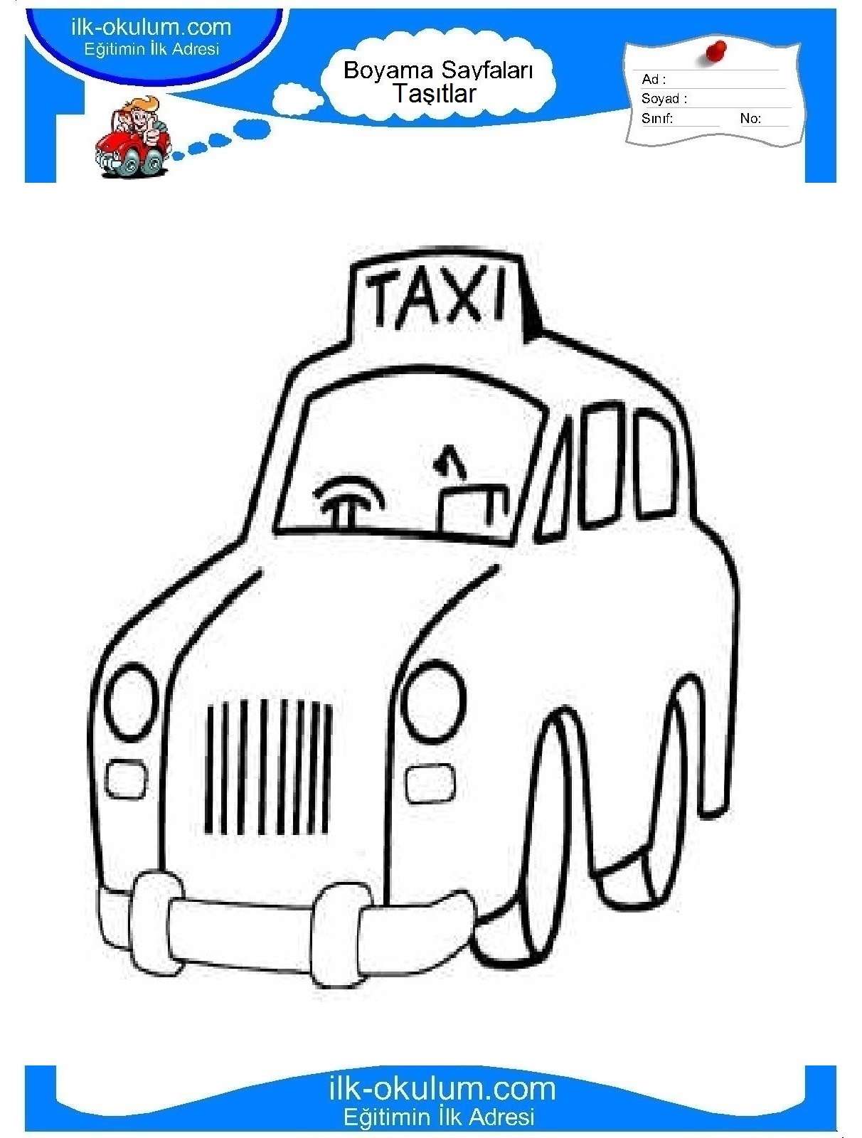 Çocuklar İçin Taksi Boyama Sayfaları 